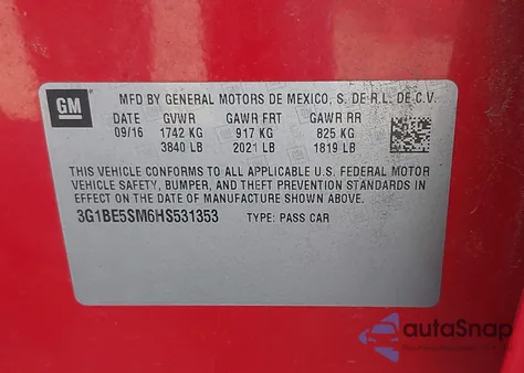 2017 Chevrolet Cruze Lt Auto from USA, damaged, VIN 3G1BE5SM6HS531353